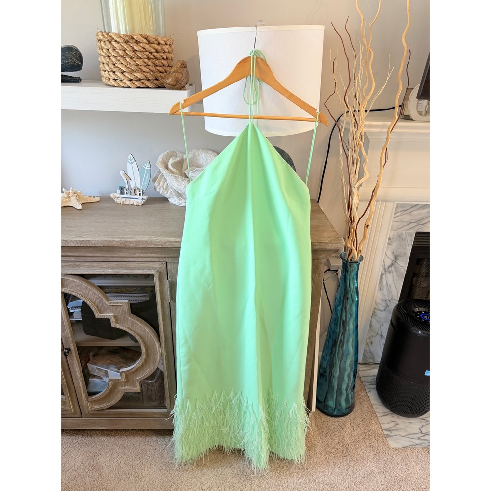 Alexis Izzie Dress Womens Mint Green Feather Trim Halter Midi Size Large (H1) - Picture 3 of 10